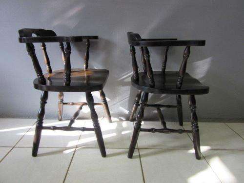 2x vintage ebony stained teak barrel-back firehouse captains (Caboose) chairs; bid/ chair - RS17Sale