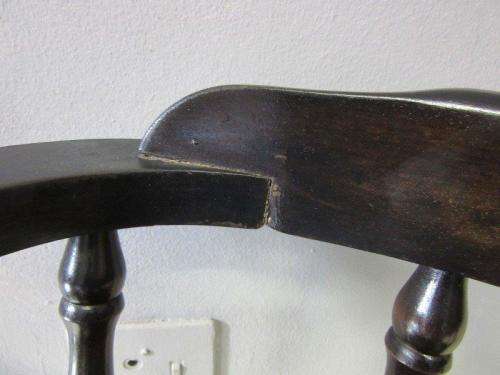2x vintage ebony stained teak barrel-back firehouse captains (Caboose) chairs; bid/ chair - RS17Sale
