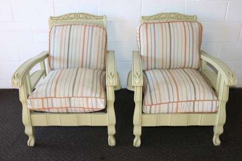 Two stunning wicker back ball & claw armchairs w soft green paint technique & cushions - price/chair