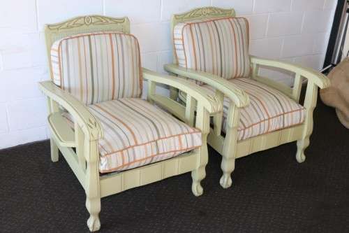 Two stunning wicker back ball & claw armchairs w soft green paint technique & cushions - price/chair