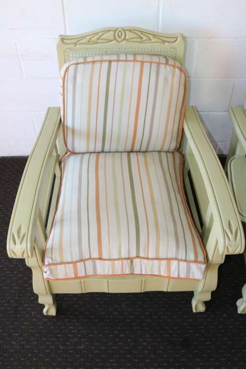 Two stunning wicker back ball & claw armchairs w soft green paint technique & cushions - price/chair