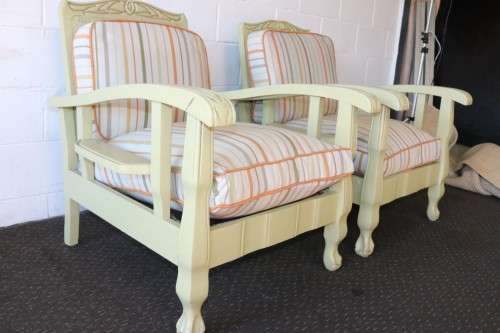 Two stunning wicker back ball & claw armchairs w soft green paint technique & cushions - price/chair