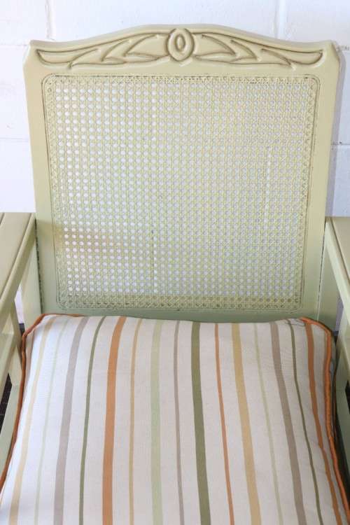 Two stunning wicker back ball & claw armchairs w soft green paint technique & cushions - price/chair