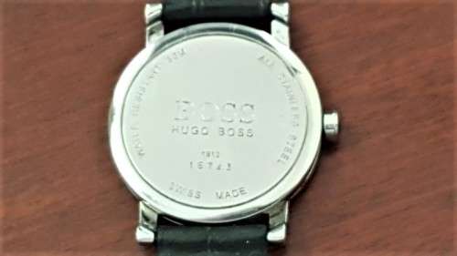 A stunning classic "Hugo Boss" model 1610 gents stainless steel wrist watch with a leather strap