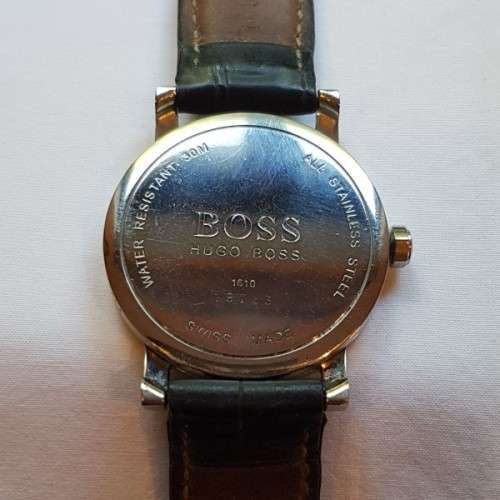 A stunning classic "Hugo Boss" model 1610 gents stainless steel wrist watch with a leather strap