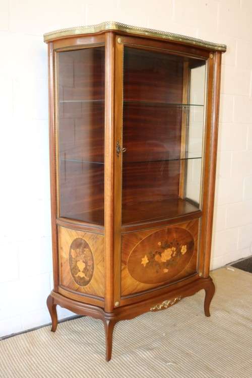 Superb vintage French "Vernis Martin" Louis XV-style show case w/ amazing marquetry inlay detailing