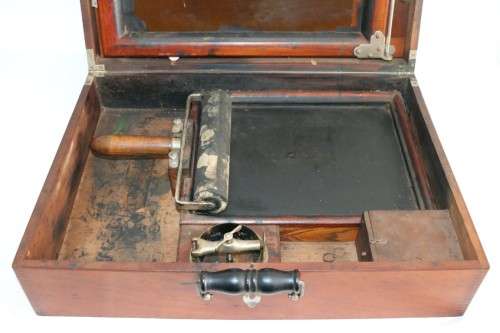 An awesome antique (c1930) "Ellams Duplicators" mimeograph in a cabinet with the original roller