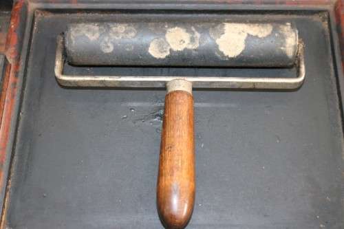 An awesome antique (c1930) "Ellams Duplicators" mimeograph in a cabinet with the original roller