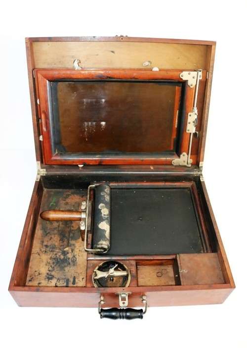 An awesome antique (c1930) "Ellams Duplicators" mimeograph in a cabinet with the original roller