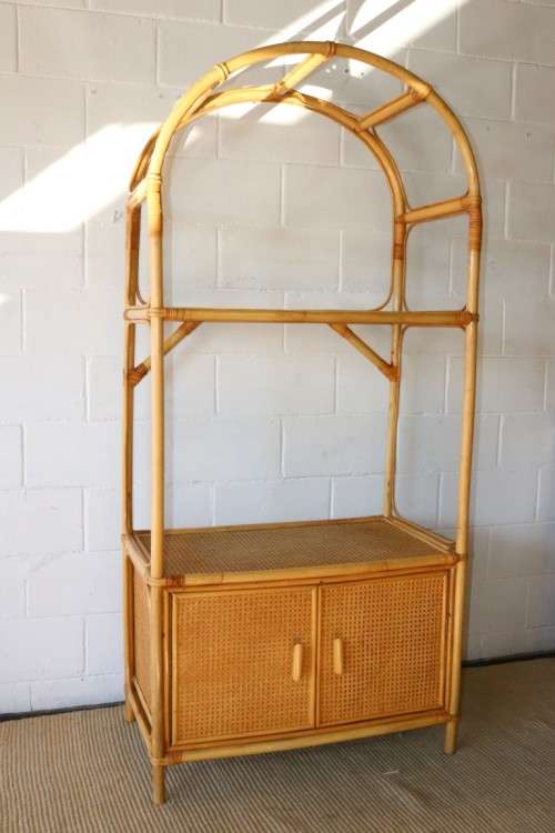 **RS17** A cane & wicker cabinet w/ glass shelf & two-door cupboard; great in a holiday home