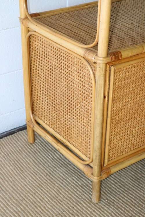 **RS17** A cane & wicker cabinet w/ glass shelf & two-door cupboard; great in a holiday home