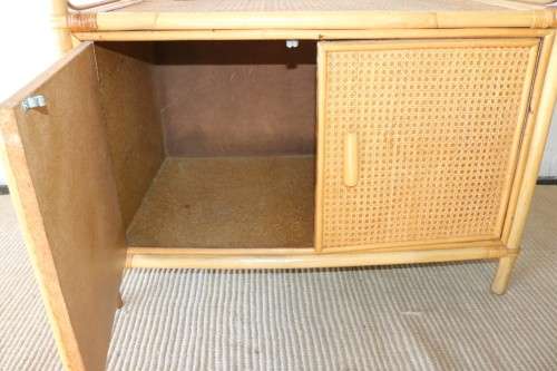 **RS17** A cane & wicker cabinet w/ glass shelf & two-door cupboard; great in a holiday home