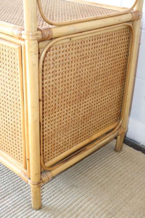 **RS17** A cane & wicker cabinet w/ glass shelf & two-door cupboard; great in a holiday home