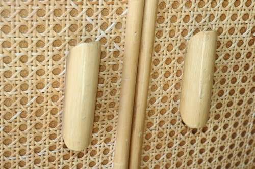 **RS17** A cane & wicker cabinet w/ glass shelf & two-door cupboard; great in a holiday home
