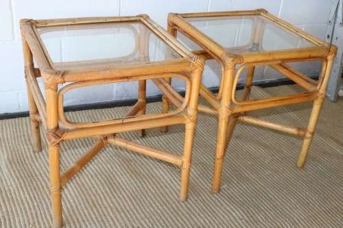 Two charming cane side tables with glass tops - great in a holiday home - price/table - RS17Sale