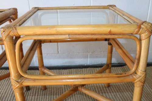 Two charming cane side tables with glass tops - great in a holiday home - price/table - RS17Sale