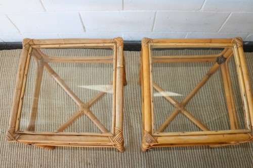 Two charming cane side tables with glass tops - great in a holiday home - price/table - RS17Sale