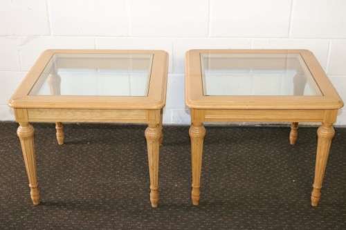 Two wonderful Oak side tables with removable glass tops and fluted carved legs - price/table