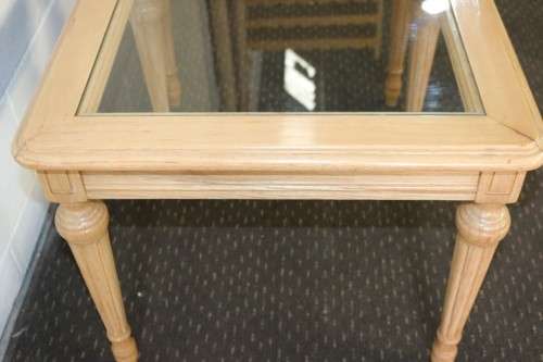 Two wonderful Oak side tables with removable glass tops and fluted carved legs - price/table