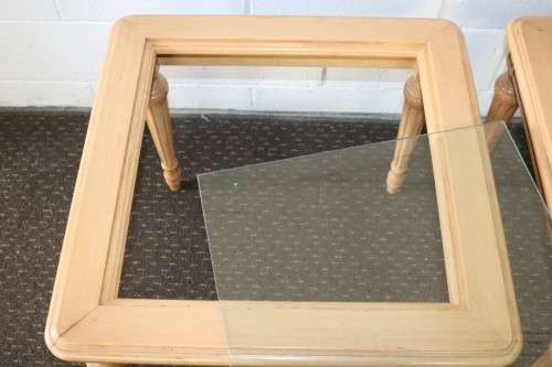 Two wonderful Oak side tables with removable glass tops and fluted carved legs - price/table