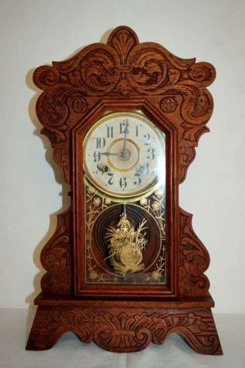 A beautiful & rare hand carved antique New Haven Clock "Gingerbread" shelf mantle clock - RS17CL
