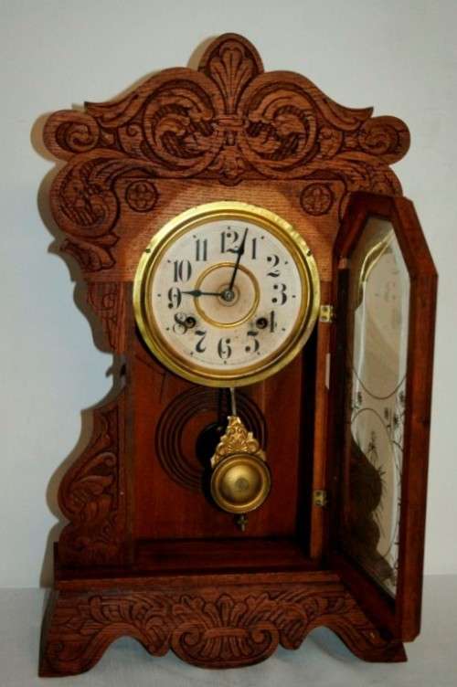 A beautiful & rare hand carved antique New Haven Clock "Gingerbread" shelf mantle clock - RS17CL