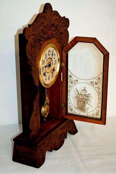 A beautiful & rare hand carved antique New Haven Clock "Gingerbread" shelf mantle clock - RS17CL