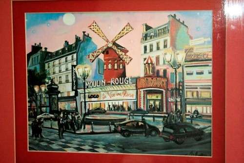 A superb "Moulin Rouge" painting print framed in a broad gold frame w/ a red borders - RS17Sale