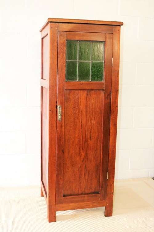 Awesome solid Teak pedestal cabinet with incredible stained glass panels and ornate handle!