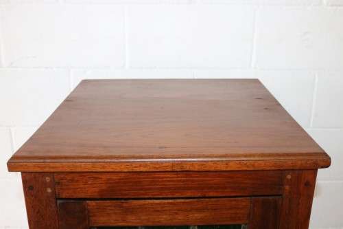 Awesome solid Teak pedestal cabinet with incredible stained glass panels and ornate handle!