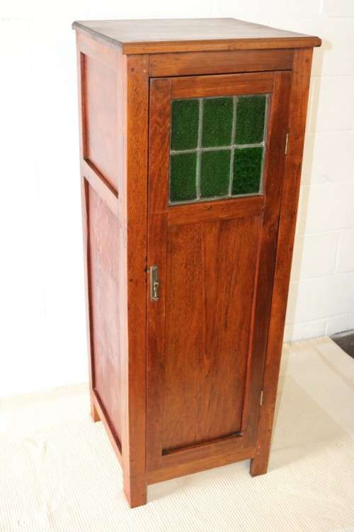 Awesome solid Teak pedestal cabinet with incredible stained glass panels and ornate handle!