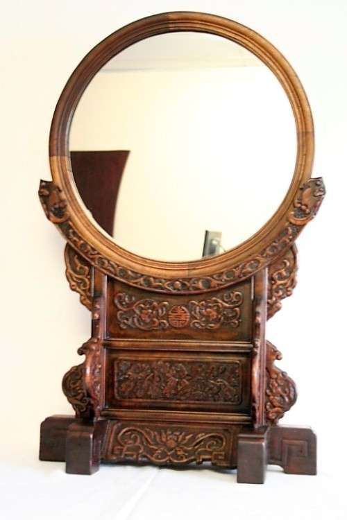 A spectacular XL antique oriental hand-carved Elm-wood "Chinoiserie" dressing table mirror - RS17M