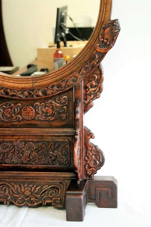 A spectacular XL antique oriental hand-carved Elm-wood "Chinoiserie" dressing table mirror - RS17M