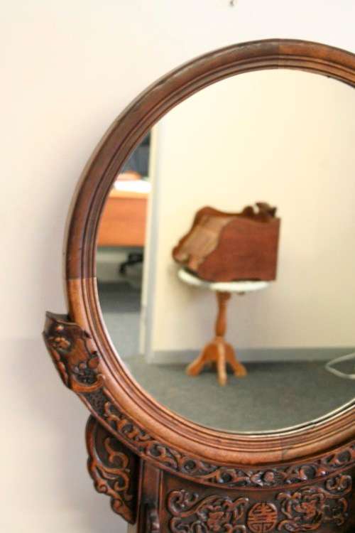 A spectacular XL antique oriental hand-carved Elm-wood "Chinoiserie" dressing table mirror - RS17M