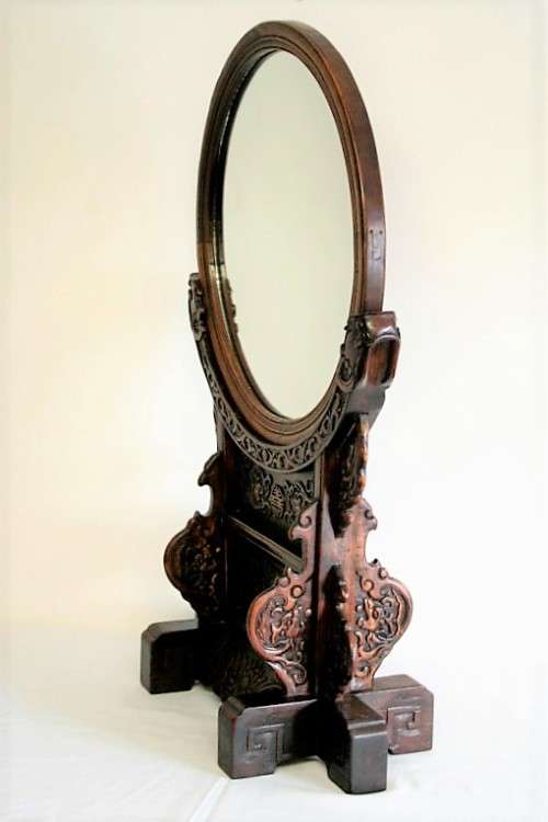 A spectacular XL antique oriental hand-carved Elm-wood "Chinoiserie" dressing table mirror - RS17M