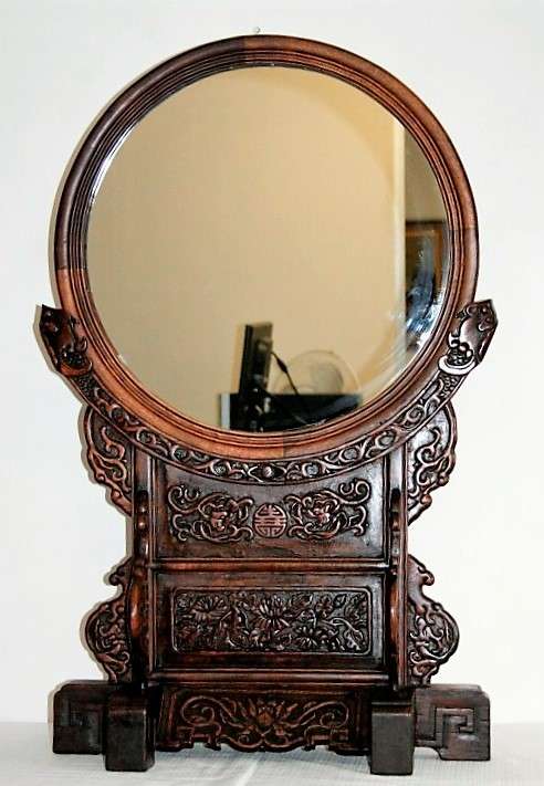 A spectacular XL antique oriental hand-carved Elm-wood "Chinoiserie" dressing table mirror - RS17M
