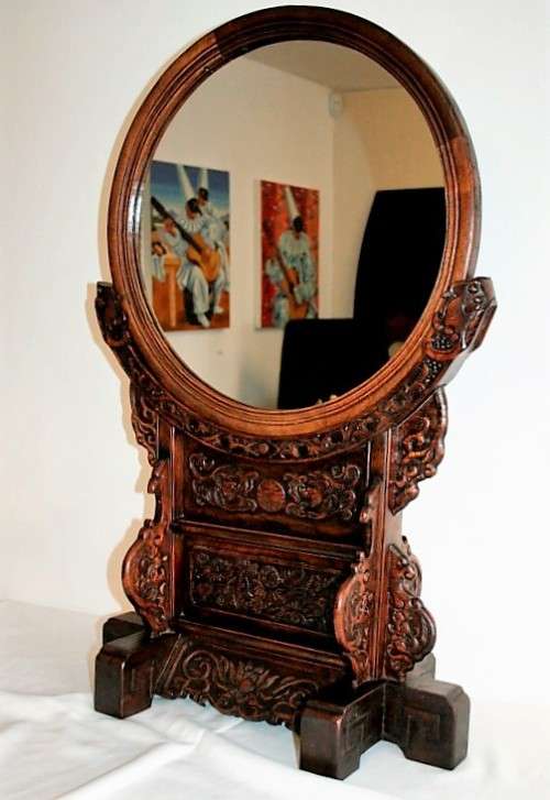 A spectacular XL antique oriental hand-carved Elm-wood "Chinoiserie" dressing table mirror - RS17M