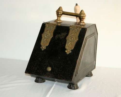 **RS17** An antique tole metal coal box w/ incredible brass embossed embellishments & a scoop