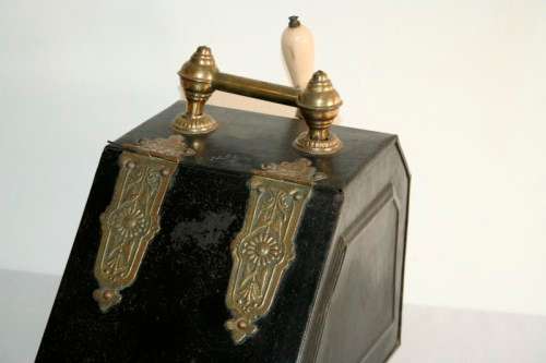 **RS17** An antique tole metal coal box w/ incredible brass embossed embellishments & a scoop
