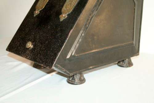 **RS17** An antique tole metal coal box w/ incredible brass embossed embellishments & a scoop
