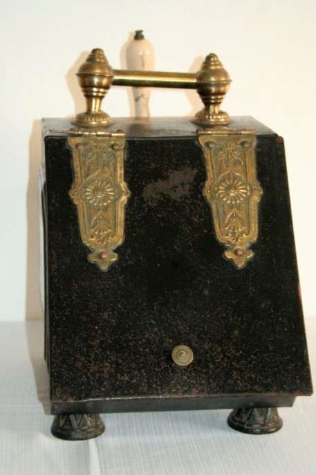**RS17** An antique tole metal coal box w/ incredible brass embossed embellishments & a scoop
