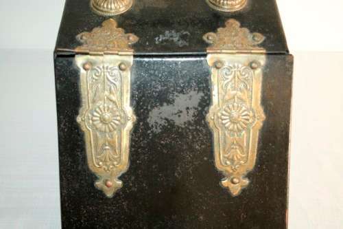 **RS17** An antique tole metal coal box w/ incredible brass embossed embellishments & a scoop