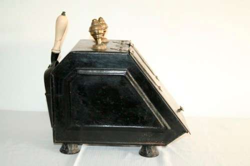 **RS17** An antique tole metal coal box w/ incredible brass embossed embellishments & a scoop