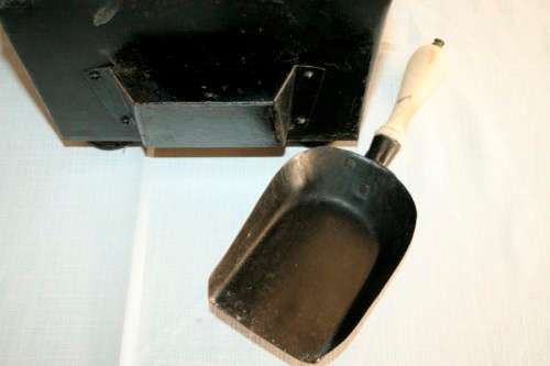 **RS17** An antique tole metal coal box w/ incredible brass embossed embellishments & a scoop