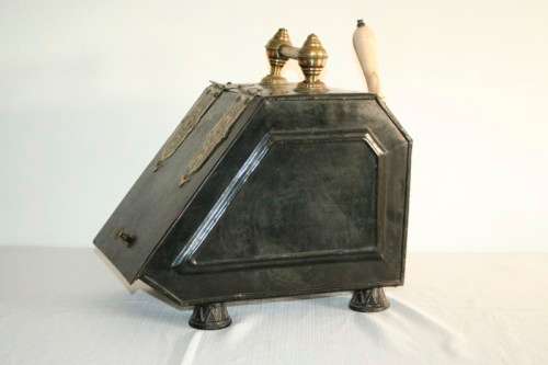 **RS17** An antique tole metal coal box w/ incredible brass embossed embellishments & a scoop