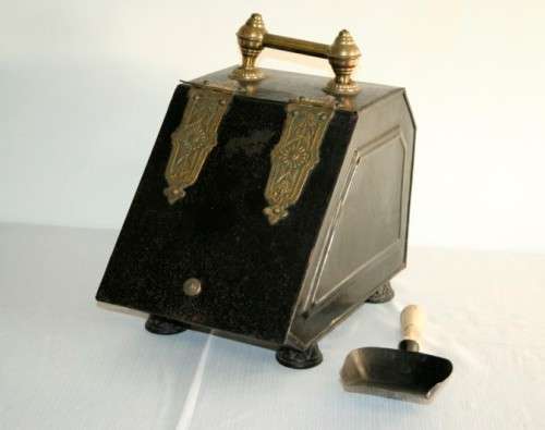 **RS17** An antique tole metal coal box w/ incredible brass embossed embellishments & a scoop