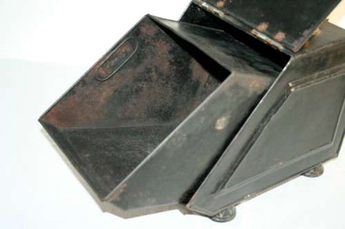 **RS17** An antique tole metal coal box w/ incredible brass embossed embellishments & a scoop