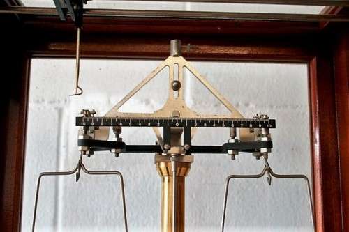 An exceptionally rare antique "Apothecary" scale in its original glass and Mahogany wood case
