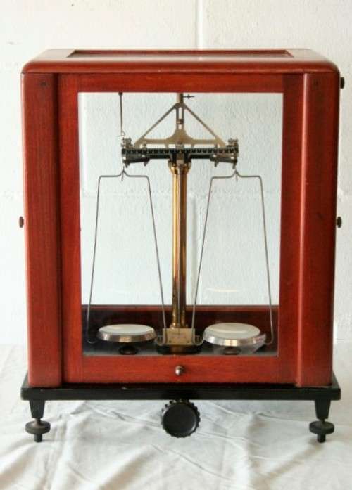 An exceptionally rare antique "Apothecary" scale in its original glass and Mahogany wood case
