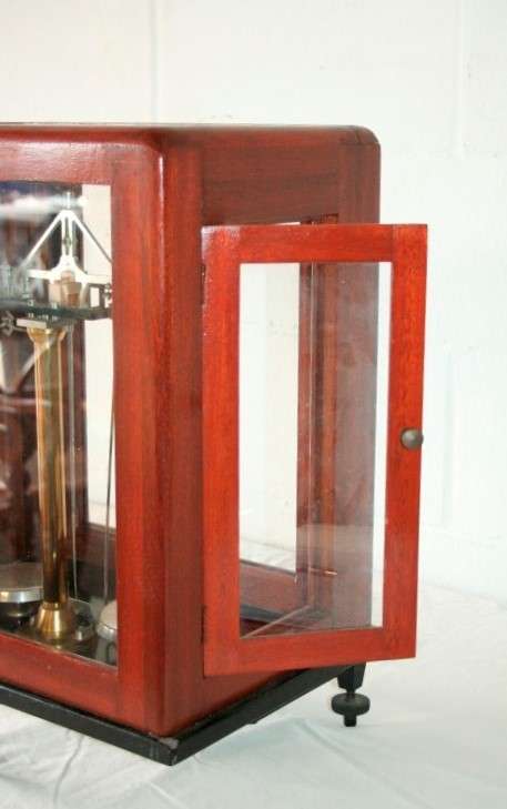 An exceptionally rare antique "Apothecary" scale in its original glass and Mahogany wood case